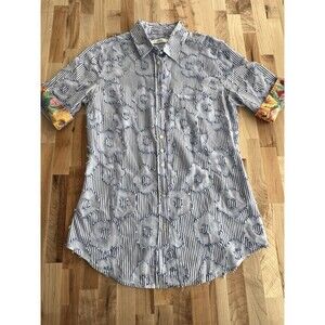 0039 Italy 3/4 Sleeve Button Down Blouse 100% Cotton Striped Floral Blue XS